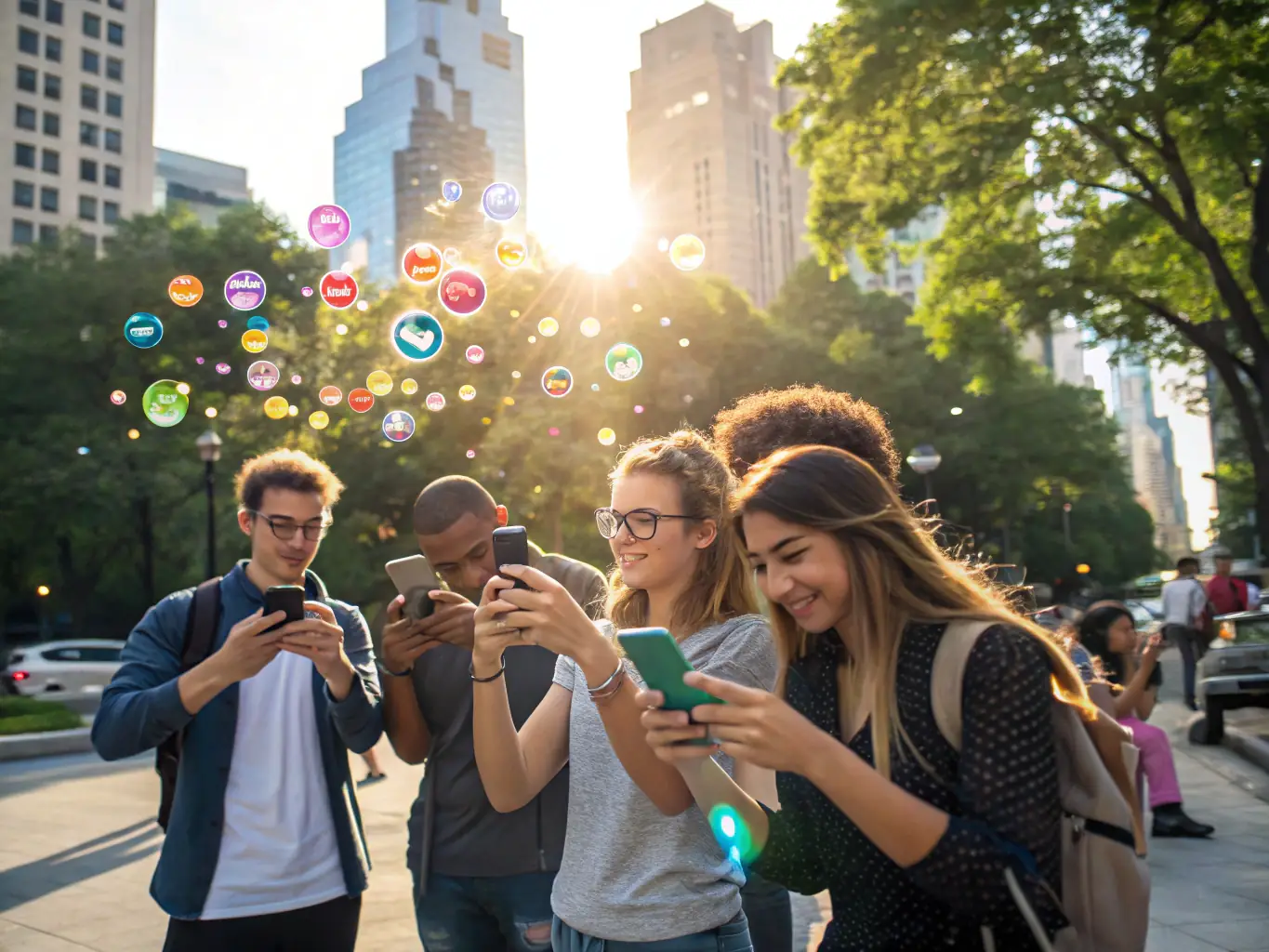 A group of young participants in SAM PHOTO's Youth Photography Initiative, working together on a community project in an urban setting. They are seen photographing local landmarks and interacting with residents.