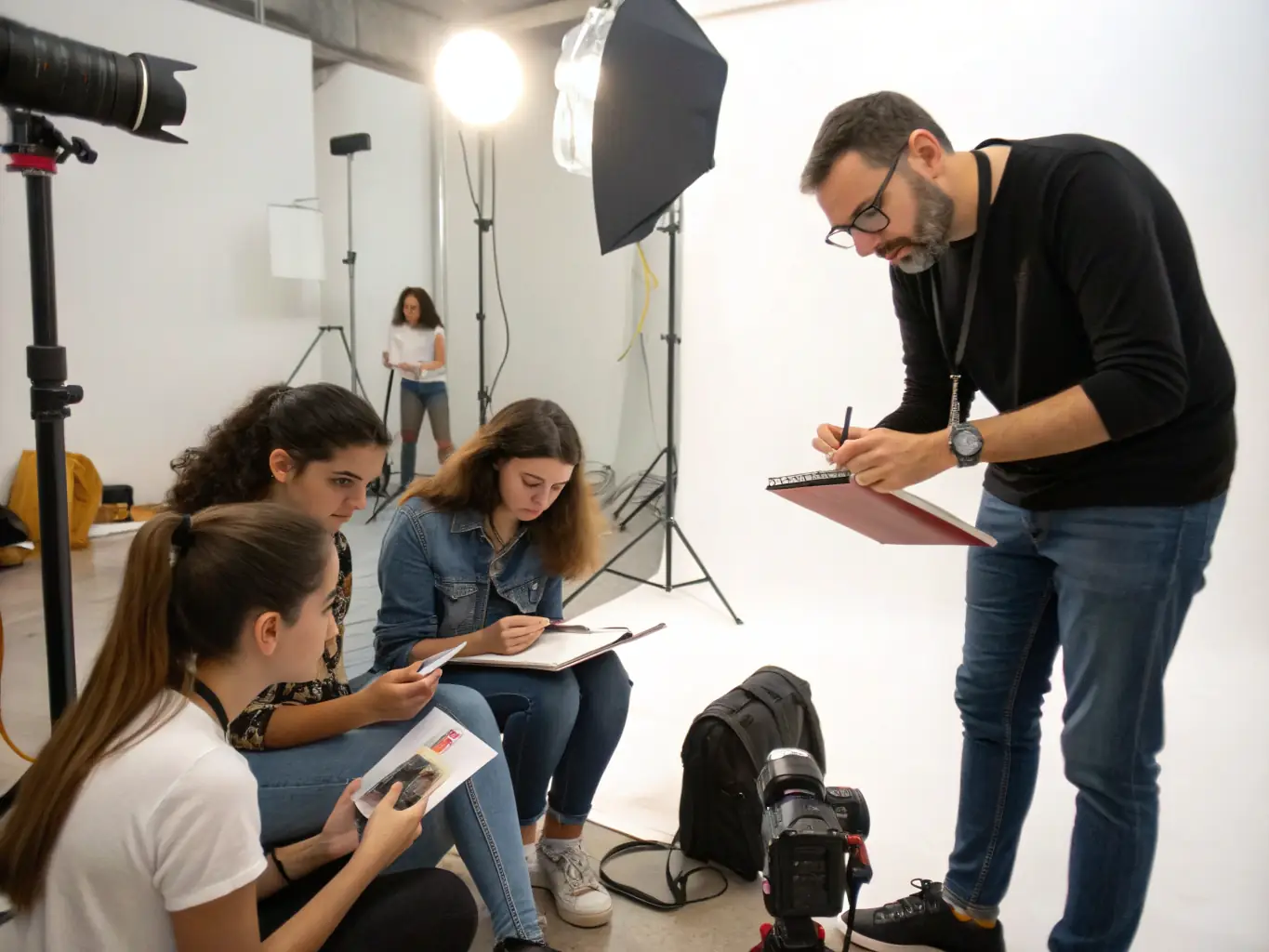 A vibrant scene from a photography workshop at SAM PHOTO, featuring participants of diverse ages and backgrounds learning about composition and lighting techniques from a professional instructor. The setting is a well-equipped studio with various cameras and equipment.
