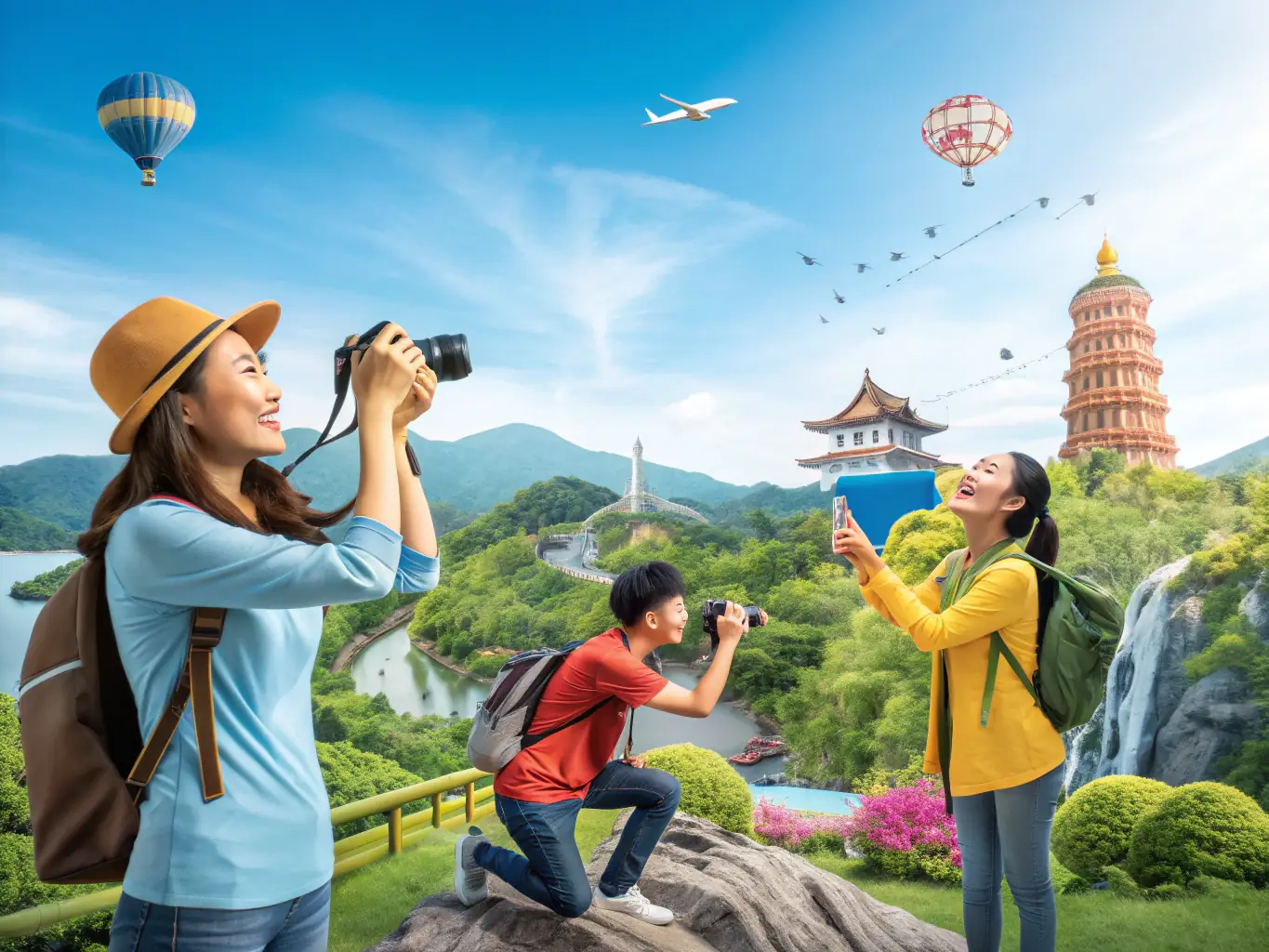 A dynamic image from the Youth Photography Initiative, showing young participants enthusiastically taking photos during a field trip in the urban environment.