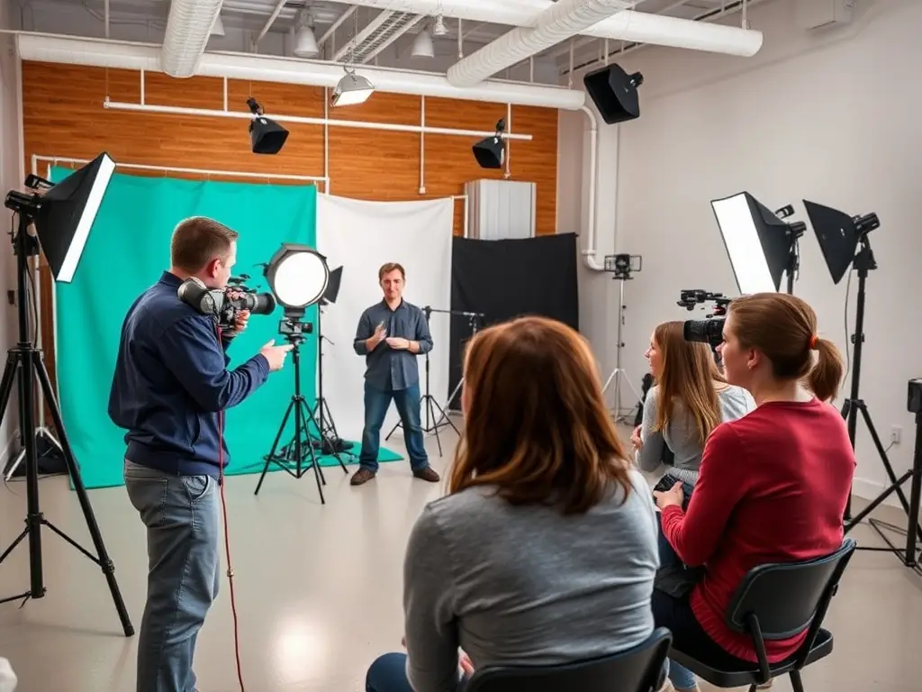 A group of participants actively engaged in a photography workshop, focusing on portrait techniques, with a professional instructor guiding them.